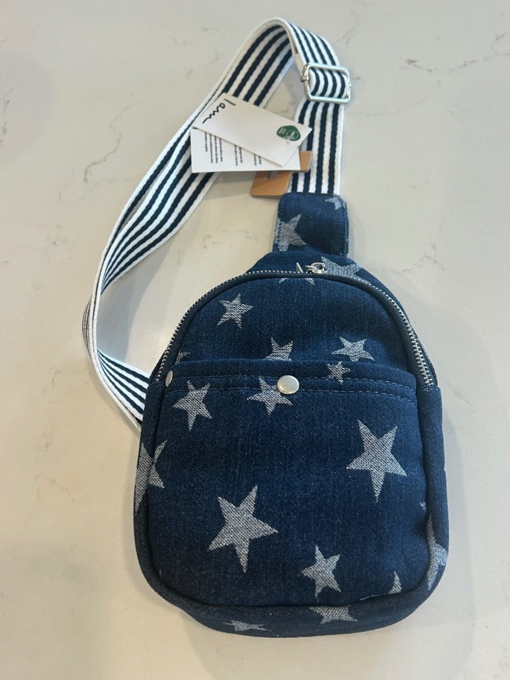 NWT Denim Star Print Mini Sling Backpack Crossbody Bag Striped Guitar Strap